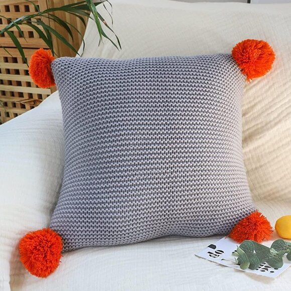 SOGA 2X 45cm Ribbed Knit Pillowcase with Pom-Poms (Light Gray) - Picture 1 of 7